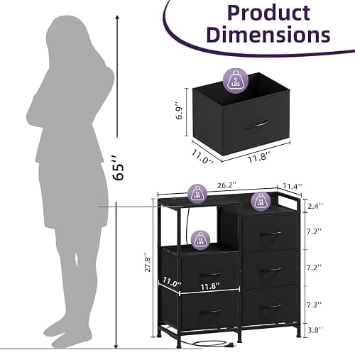 Somdot Black Nightstand with Charging Station and LED Light, Wide 5 Drawers Dresser for Bedroom with Fabric Bins and Open Shelf for Bedroom Kids Closet Dorm Guest Room, Black thumbnail 3