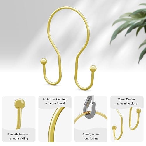 AmazerBath Shower Curtain Hooks Gold Shower Curtain Rings, Simple Double Hook Shower Curtain Hooks Rust Proof, Metal Smooth Shower Hooks for Shower Curtain Rod, 12 Pcs Shower Rod Hook Light Gold thumbnail 3
