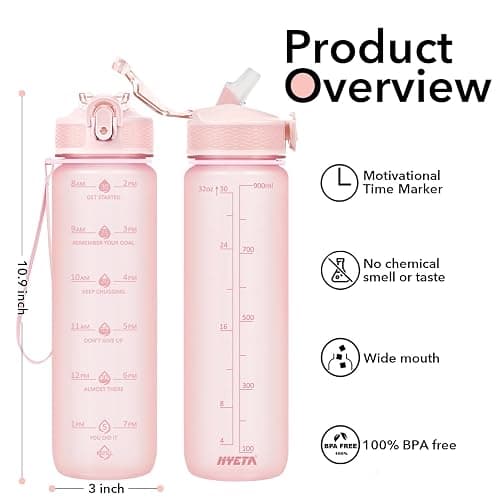 Hyeta Plastic Water Bottle With Straw & Time Marker, 32oz Leakproof Jug | Motivational Tritan BPA Free Gym Office Outdoor Intake Tracker Hourly Reminder Straw Lid Lightweight thumbnail 2