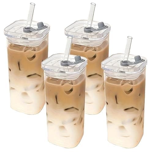 Vibinz Glass Cups with Lid and Straw, 12oz/350ml Clear Glass Coffee Tumbler for Iced Drinks, Tea, Smoothies, Latte and Matcha, Reusable Drinking Glass Set, Cute Cups for Home, Kitchen Essentials - Image 1