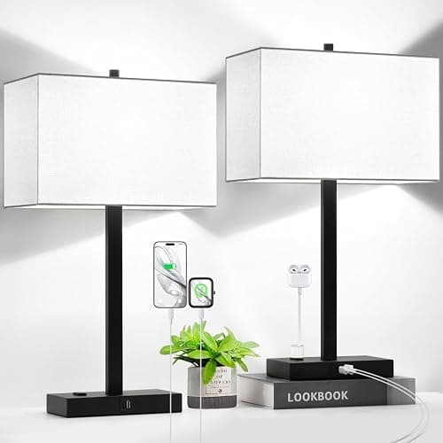 Lynnoland 21" Set of 2 Table lamp with USB A+C & AC Outlets, Touch Control 3-Way Dimmable Nightstand Lamps for Bedroom Living Room Office Reading, White Shade Touch Lamps, 5000K LED Bulbs Included - Image 1