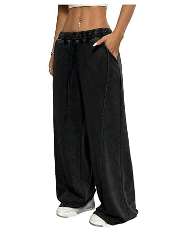 OYOANGLE Women's Wide Leg Y2K Vintage Sweatpants Loose Straight Hip Hop Streetwear Pants with Pockets - Image 1
