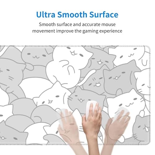 White Kawaii Cats E-Sport Mouse Pad Large Desk Mat Non-Slip Rubber Base Stitched Edge Keyboard Mouse Pad for Office Home E-Sport Computer Laptop, 31.5×11.8 Inches thumbnail 4