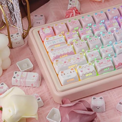 TYRIXKI PBT Keycaps - Pink Meow Meow Keycap, 113 Keys Side Print Shine Through Cute Keycap, Mao Profile Custom Cat Keycaps for 60 65 75 100 Percent Cherry MX Mechanical Keyboard thumbnail 9