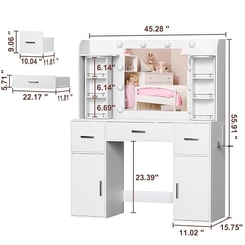 EasyCom Vanity Desk with Rotating Jewelry Organizers, Makeup Vanity with Mirror and Lights, Dressing Table with USB-C Charging Station, 3 Drawers and 2 Cabinets for Bedroom, Dressing Room, White thumbnail 2