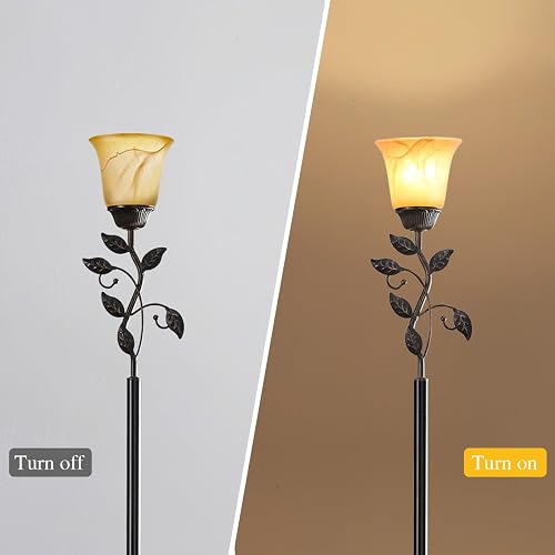 RORIANO 72” Flower Farmhouse Leaf Floor Lamp for Living Room | Rustic Tall Standing Lamp with Amber Glass Shade and Traditional Foot Switch for Bedroom, Corner, Office, Bulb Included thumbnail 3
