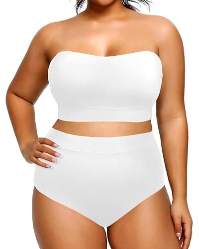 Tempt Me Women Plus Size High Waisted Bikini Bandeau Two Piece Swimsuit - 18 Plus - White thumbnail 5