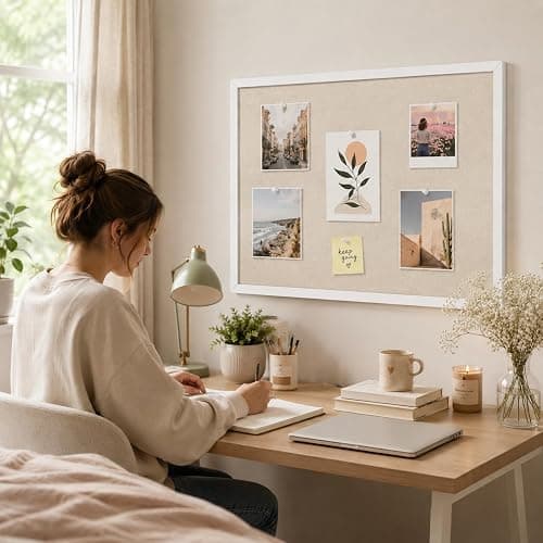 11"x14" White Framed Natural Wood Tone Bulletin Board, Pin Board | Linen corkboard texture. Premium cork boards for walls and pin board office organizer. thumbnail 6