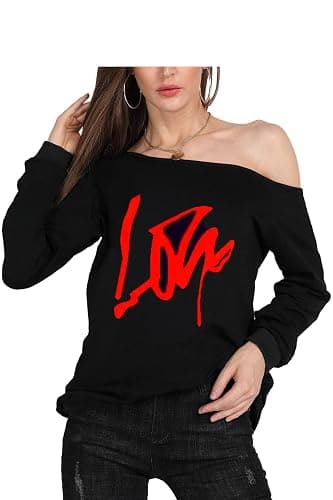MAGICMK Woman’s Sweatershirt Lips Print Causal Blouse Off The Shoulder Long Sleeve Loose Slouchy Pullover Plus Size Tops - Black+blips - 5X-Large thumbnail 2