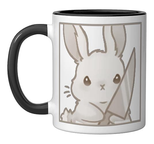 Cute Kawaii Coquette Cartoon Emote Angry Rabbit Bunny Knife Ceramic Mug, Black/White - Image 1