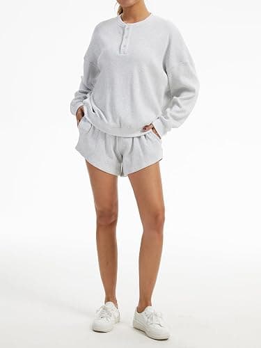 AnotherChill Women's Oversized Waffle Knit Lounge Set Long Sleeve Sweatshirt and High Waisted Shorts 2 Piece Casual Outfit thumbnail 6