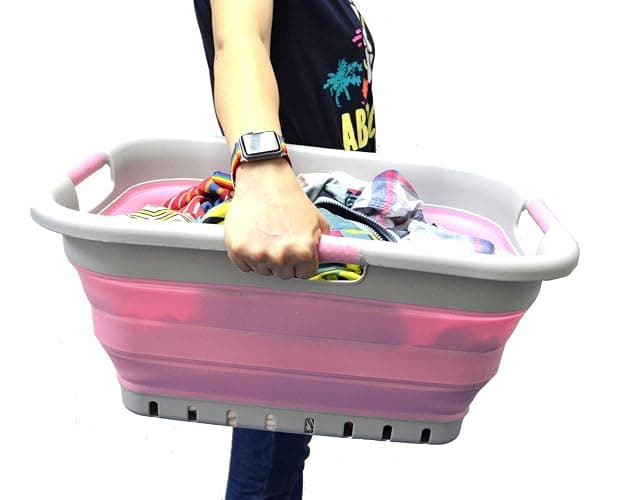 SAMMART 41L (10.8 gallon) Collapsible 3 Handled Plastic Laundry Basket - Foldable Pop Up Storage Container/Organizer - Portable Washing Tub - Space Saving (3 handled rectangular, Grey/Pink) thumbnail 5