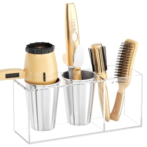 NIUBEE Hair Tool Organizer Wall Mount, Hair Dryer Holder for Bathroom,Clear | Acrylic Hair Organizer Storage Countertop, Blow Dryer Holder, Hot Tools Organizer for Curling Iron, Brush, 2 Stainless Cups - Image 1
