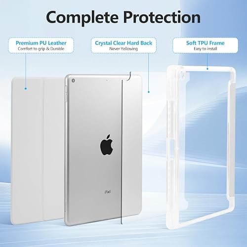 Ruizextech Case for iPad 9th/8th/7th Generation (2021/2020/2019), Hybrid Protective Cover for iPad 10.2 inch with Pencil Holder, Clear Transparent Back Shell Anti-Yellowing Case, Light Gray thumbnail 3