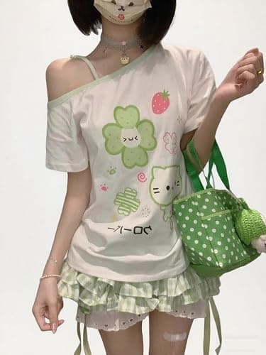 Y2K Harajuku Cartoon Print T-Shirts Gothic Women Cutecore Shirt Fashion Off Shoulder T Shirt Kawaii Sweet Girls Tees Tops thumbnail 3