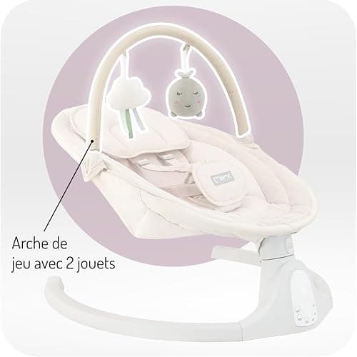 Balancelle MoMi KENANI SAND jusqu'à 9 kg, écran LED, télécommande, Bluetooth pour smartphone, alimentation piles/secteur, harnais de sécurité 5 points, arche et jouets thumbnail 7