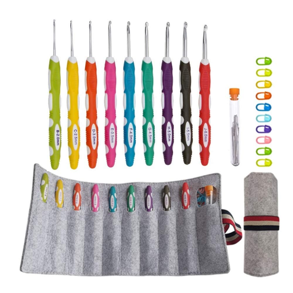 Ergonomic Crochet Hooks with Roll Felt Bag, 29pcs Crochet Hooks Set with Long Soft Grip Handle for Arthritic Hands, Size from B to J - Image 1
