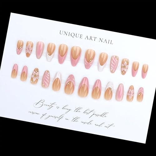 24Pcs French Tip Press on Nails Medium Almond Fake Nails 3D Flowers Gold Bead Design Glossy Pink French Nails Full Cover Press Ons Stick on Nail for Women Handmade Nails Cute False Fingertips thumbnail 5