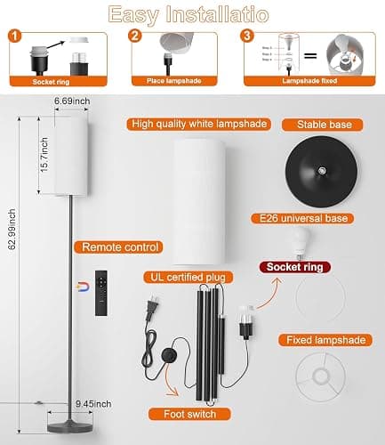 luckystyle Dimmable Floor Standing Tall Lamp, 12W Led Bulb with Lampshade, Foot Switch, Remote Custom Color Temperature Pole for Bedroom, Office, Kids & Living Room, Black thumbnail 4