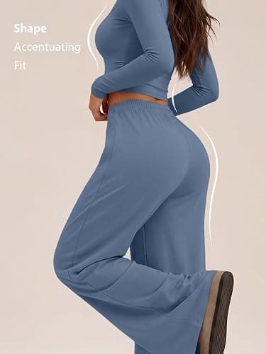 Trendy Queen Women's 2 Piece 2026 Fall Fashion Lounge Set with Pockets | Airport Outfit, Athleisure Workout Set, Fall Wardrobe Staple, Winter Style, Side-Ruched Top, Drawstring Wide-Leg Pants thumbnail 4
