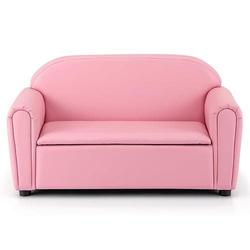 Costzon Kids Couch, 2 in 1 Double Seat Children's Sofa w/Under Seat Storage, PU Leather Surface, Toddler Armrest Chair, Kids Room, Soft Children Pink Sofa with Storage for Preschool Baby Girls Gifts - Image 1