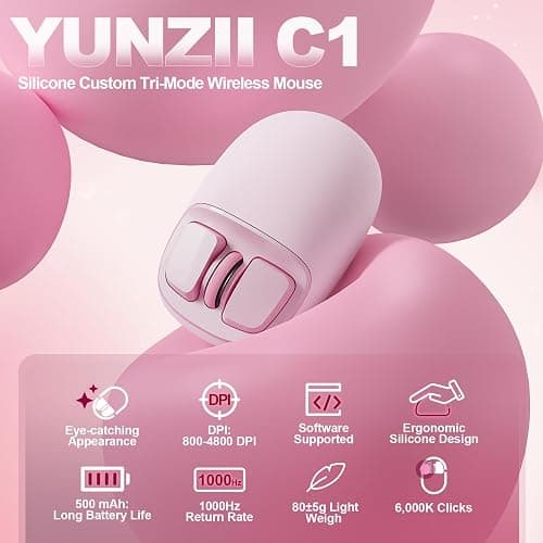 YUNZll C1 Silicone Wireless Mouse, Tri-Mode 2.4G/USB-C/Bluetooth Mouse, 4800 DPl Optical Tracking, 6 Adjustment Levels,Customize Mice for Laptop, Computer, iPad, MacBook (Pink) thumbnail 2