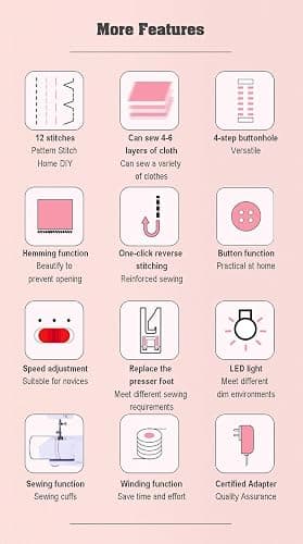 Marirao Sewing Machine for Beginners with 50 Pcs Fabric and 32 Pcs Sewing Threads Kit, Small Portable Mini Sewing Machine 12 Built-in Stitches 2 Speed with Foot Pedal thumbnail 7