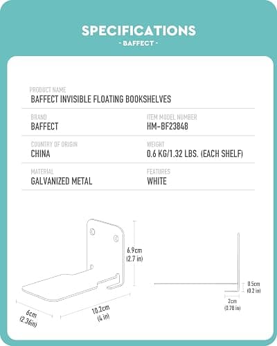 Baffect Invisible Floating Bookshelves, Set of 4 Concealed Drilling Mounted Bookshelves, Heavy-Duty Metal Book Organizers for Bedroom (White) thumbnail 2