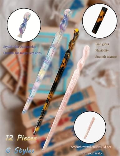 Acetate Tortoise Shell Hair Sticks - Leopard Print Hair Pins, 12 Pieces for Long Hair - Chinese Hair Styling Accessories for Women & Girls thumbnail 3