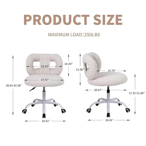 Ermnois Modern Faux Cashmere Home Office Chair, Height Adjustable Desk Chair with Back and Wheels for Living Room, Swivel Make-up Vanity Armless Chairs for Girls and Women (1, Cream) thumbnail 3