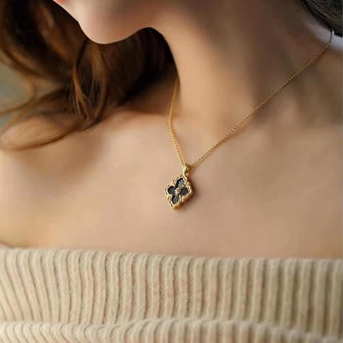 Gold Clover Necklace for Women, Double-Sided Pendant by 18K Gold-plated inlaid Natural Stone Pendant Necklace,Turquoise/Malachite/Black Onyx Stone/White Mother of Pearl,Jewelry Gift for Women thumbnail 3