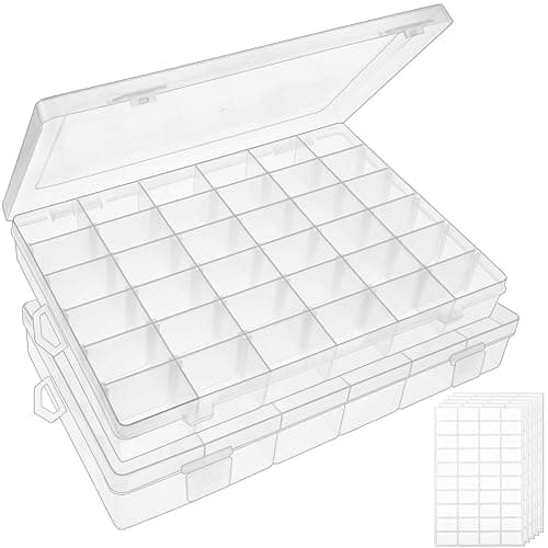 OUTUXED 2 Pack 36 Grids Clear Plastic Bead Organizer Box, Fishing Tackle Box Compartment Organizer with Adjustable Dividers for Jewelry, Art Craft, Bead Storage Containers with 5 Sheets Label Stickers - Image 1