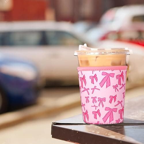Reusable 3-Pack Iced Coffee Cup Sleeve, Insulated Neoprene, Beverage Holder for Iced Coffee, Durable Drink Sleeve for Cold Beverages, Pink Bows thumbnail 2
