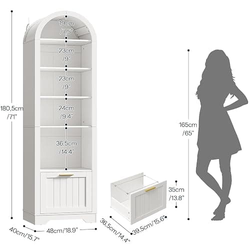 HOOBRO 71" Tall Arched Bookshelf, 6-Tier Narrow Arched Bookcase with File Drawer, Farmhouse BookShelf with Adjustable Shelves, Wooden Bookshelf with Open Display Shelves for Living Room, Office, White thumbnail 2