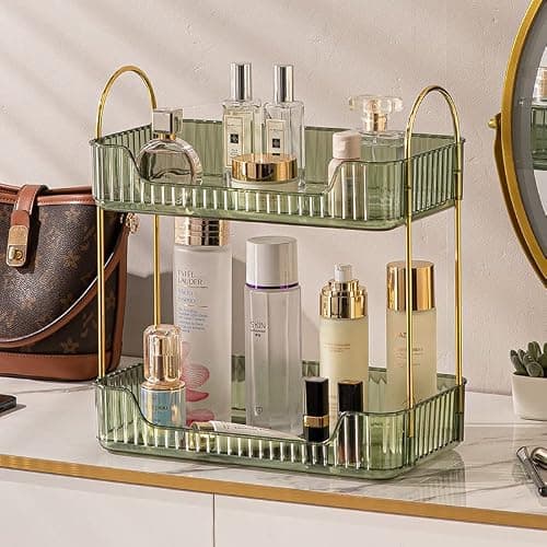 shuang qing Bathroom Counter Organizer Countertop Storage, Cosmetics Skincare Shelf, Makeup Organizer Perfume for Dresser Vanity Tray, Spice Rack for Kitchen(2 Tier-Green) thumbnail 2