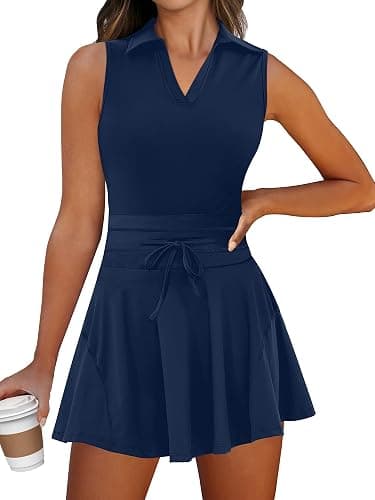 Caracilia Women's 2 Piece Tennis Dress Set-Polo Neck Sleeveless Mini Dresses with Shorts,Golf Casual Workout Athletic Sports - Image 1