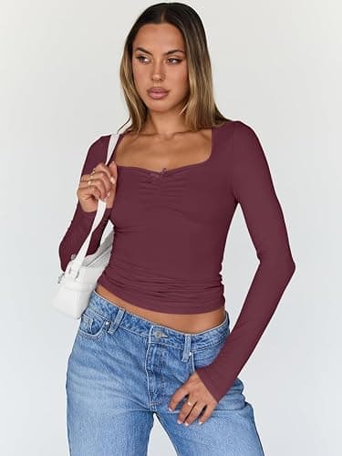 Trendy Queen Womens Long Sleeve Tops Going Out Top Trendy Cute Shirt Y2k Clothes Fashion Clothing Fall Outfits 2025 thumbnail 2