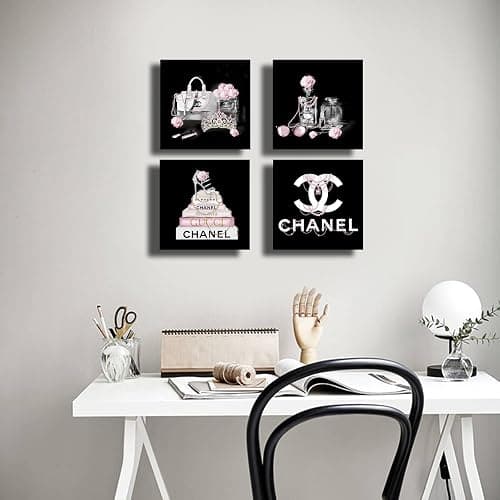 Meetdeceny Black And White Wall Art/Pink Book Pictures Room Decor for Teen Girls/Women Handbag Perfume Wall Decor for Living Room/Fashion Canvas Artwork Size 10"x 10"x 4 Pieces thumbnail 3