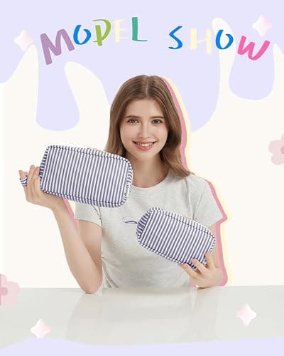 Narwey Cute Stripe Large Makeup Bag Travel Make Up Bags Women with Comparments Small Toiletry Bag Cosmetic Bag Organizer Zipper Pouch for Teen Girls (Greyish Blue Stripe, Large) thumbnail 7