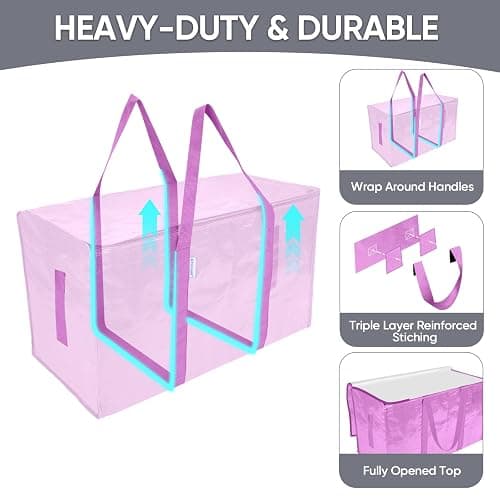 TICONN 6 Pack Extra Large Moving Bags Heavy Duty with Zippers & Carrying Handles, Durable Storage Bags Moving Boxes for Closet Organizers and Storage (6 Pack, Pink) thumbnail 4