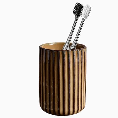 Ceramic Toothbrush Holder for Bathroom, Ceramic Toothbrush Cup, Toothpaste Organizer for Bathroom Countertop, Bathroom Storage Organizer, Kiln Transformation Cup (Brown) - Image 1