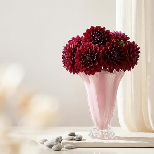 Ruffled Vase Display with Wavy Rim, Hand Blown Glass Vase for Flowers, Blown Glass Decor Centerpiece with Ribbed Panels for Tabletop Shelf Mantel Home Decor (Pink) thumbnail 9