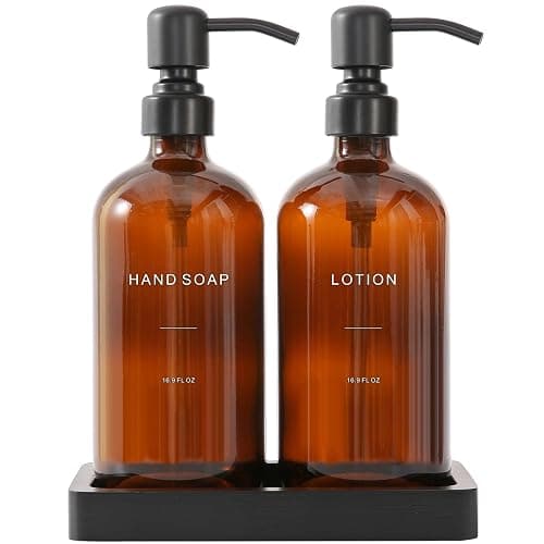 Prus Waso Amber Glass Soap Dispenser Set, Hand Soap and Lotion Set with Black Stainless Steel Pump, Perfect for Modern Bathroom Decor. (Amber) - Image 1