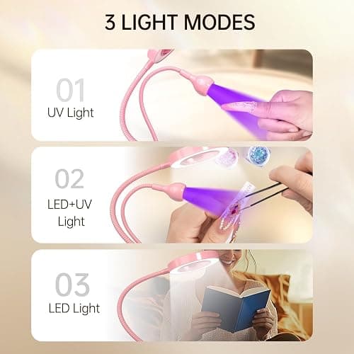 AORAEM LED UV Nail Lamp with Double-Head and 6X Magnifier, Pink | Gooseneck Lamp for Gel Nails, Flash Cure Lamp for Home DIY Salon thumbnail 5