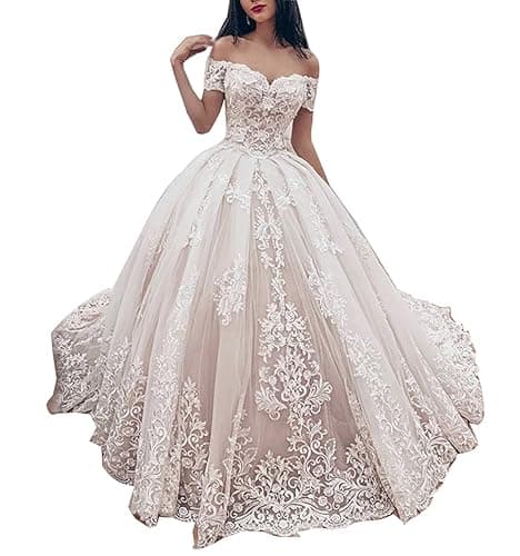 Off Shoulder Lace Appliques Wedding Dresses for Bride Vintage Princess Ball Gown - 2 - White