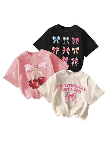 RoseSeek Girl's Bow Cherry Graphic Tees Short Sleeve Crewneck Cute T Shirts Tops for Teens Summer Tops - Image 1