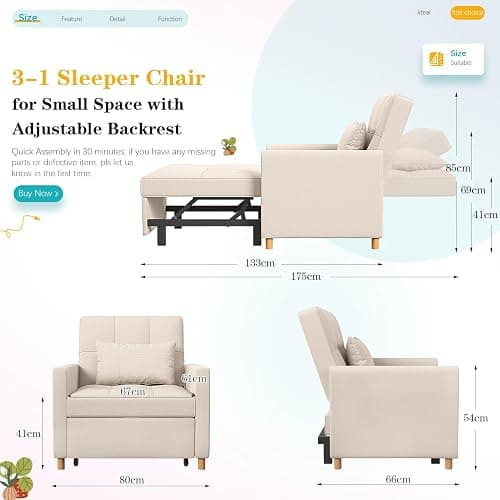 YODOLLA Pull Out Sleeper Chair Bed 80cm Single Sofa Armchair, Beige | 3-position reclining backrest, practical side storage pocket, space-efficient foldable guest sleeping design thumbnail 3