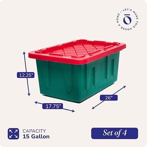 HOMZ 4-Pack Durabilt Tote, Heavy Duty Plastic Storage Bins with Lids, 15 Gallon, Green/Red - Stackable Organizing Containers for Home, Garage, and Office thumbnail 3