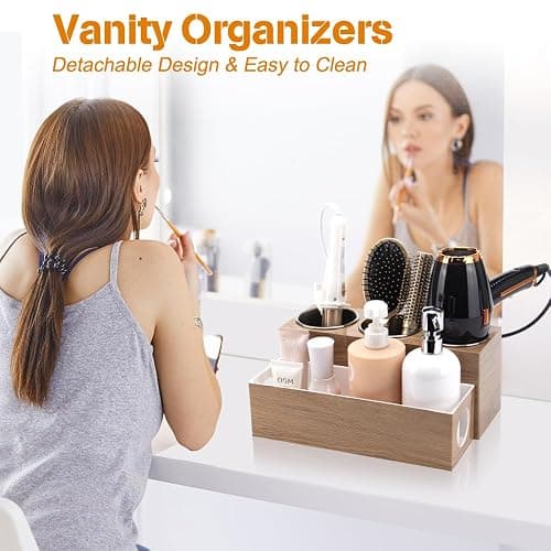 GFWARE Hot Hair Styling Tool Organizer with 3 Stainless Steel Cups, Wood | Hair Accessories Bathroom Vanity Storage, Hair Dryer, Blow Dryer, Curling Iron, Flat Iron, Hot Tools Cooling, Wood-Look thumbnail 4