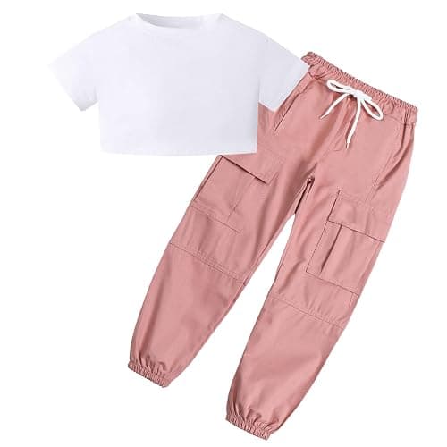 SANGTREE Girls' 2 Piece Outfits T-Shirt and Drawstring Cargo Jogger Pants Clothing Set, 4-14 Years - Small - White + Pink - Image 1